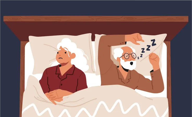 Ältere Frau kann nicht schlafen, weil ihr Mann schnarcht  Illustration