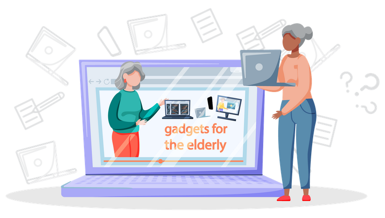 Ältere Frau lernt mit Laptop arbeiten  Illustration