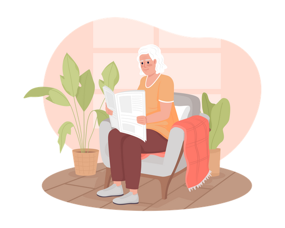 Ältere Frau liest Zeitung im Sessel  Illustration