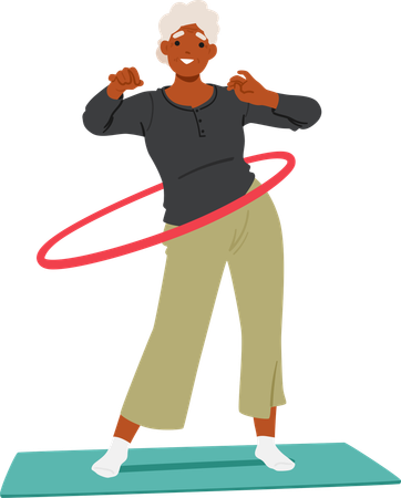 Ältere Frau anmutig Hula Hooping auf Yoga-Matte  Illustration