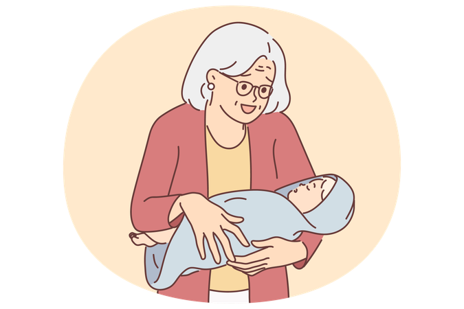 Ältere Frau mit neugeborenem Enkel lächelt und freut sich über die Geburt des neuen Familienmitglieds  Illustration
