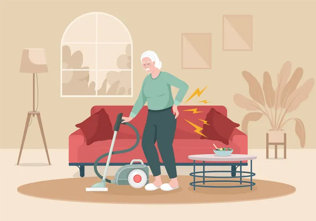 Ältere Frau mit Rückenschmerzen beim Hausputz  Illustration