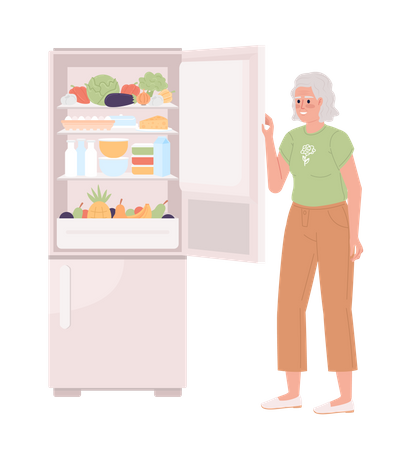 Ältere Frau öffnet Kühlschranktür  Illustration
