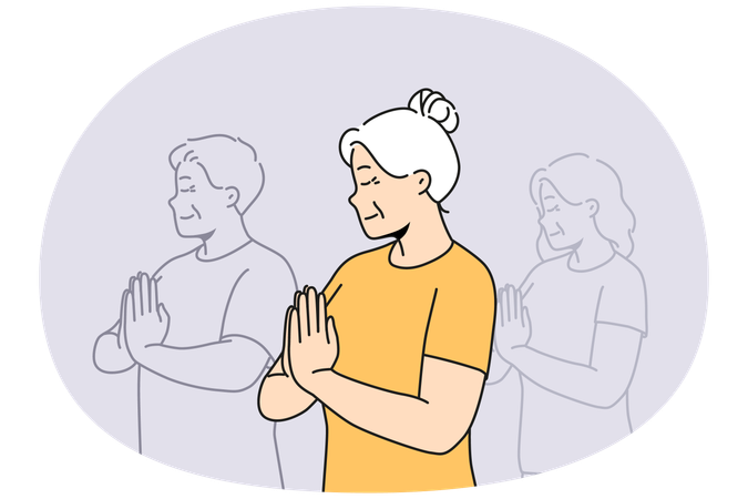 Ältere Frau praktiziert Yoga und meditiert im Unterricht  Illustration