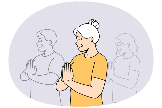 Ältere Frau praktiziert Yoga und meditiert im Unterricht  Illustration