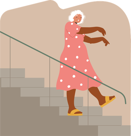 Ältere Frau schlafwandelt die Treppe hinunter  Illustration