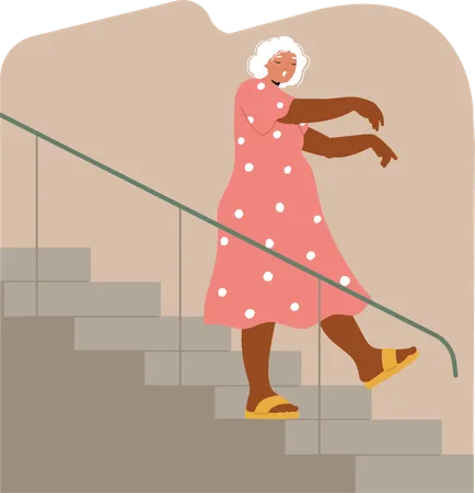 Ältere Frau schlafwandelt die Treppe hinunter  Illustration