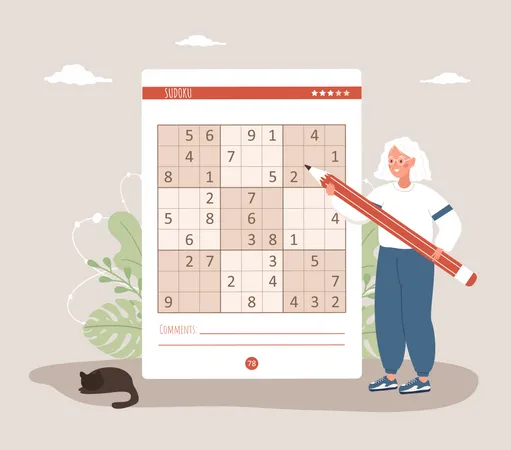 Ältere Frau spielt Sudoku  Illustration