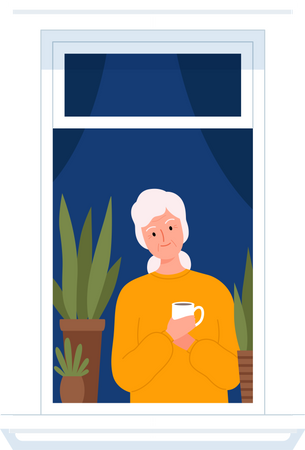 Ältere Frau steht am Fenster und trinkt Kaffee  Illustration
