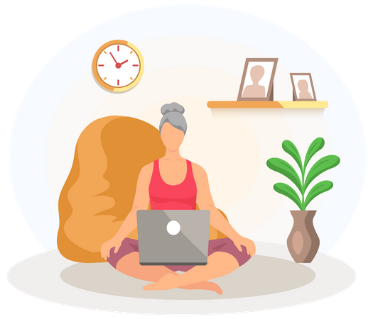 Ältere Frau trainiert, während sie an einem Online-Sportkurs teilnimmt  Illustration