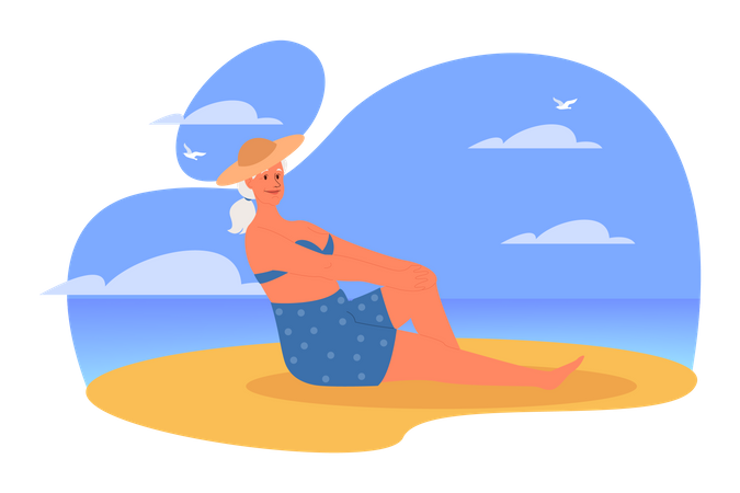 Ältere Frau verbringt Zeit am Strand  Illustration