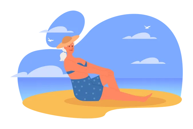 Ältere Frau verbringt Zeit am Strand  Illustration