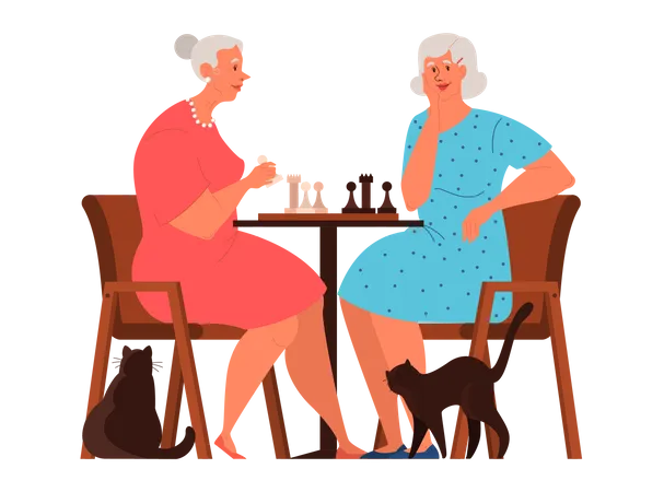 Ältere Frauen sitzen am Tisch mit Schachbrett  Illustration