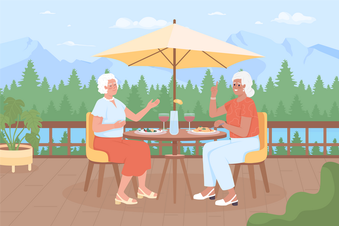 Ältere Frauen verbringen Zeit im Bergresort  Illustration