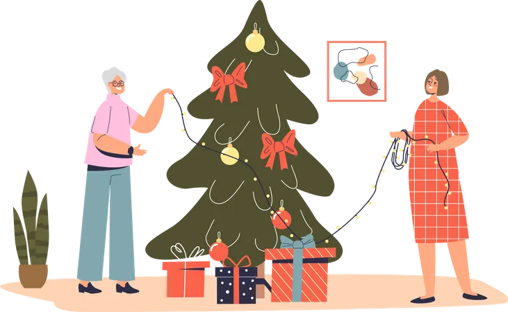 Ältere Dame Großmutter schmücken Weihnachtsbaum zusammen mit Enkelin  Illustration