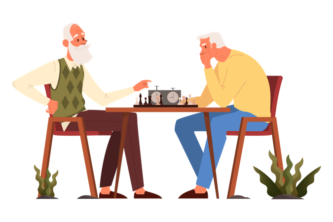 Ältere Männer sitzen am Tisch mit Schachbrett  Illustration