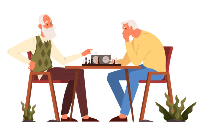 Ältere Männer sitzen am Tisch mit Schachbrett  Illustration
