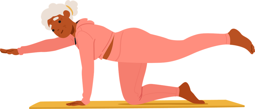 Ältere schwarze Frau in rosa Sportbekleidung auffallende Yoga-Pose auf Matte  Illustration