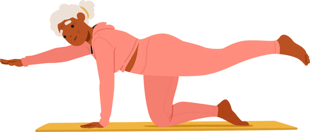 Ältere schwarze Frau in rosa Sportbekleidung auffallende Yoga-Pose auf Matte  Illustration