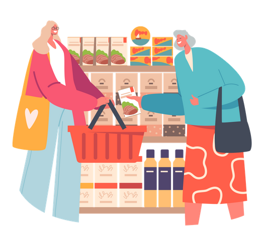 Ältere und junge Frauen mit Einkaufswagen kaufen Lebensmittel im Supermarkt  Illustration