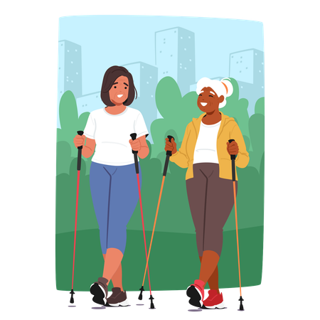 Ältere weibliche Charaktere nehmen an Nordic Walking im Park teil  Illustration