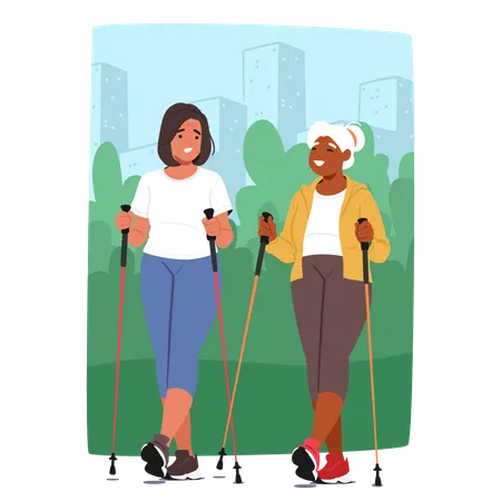 Ältere weibliche Charaktere nehmen an Nordic Walking im Park teil  Illustration