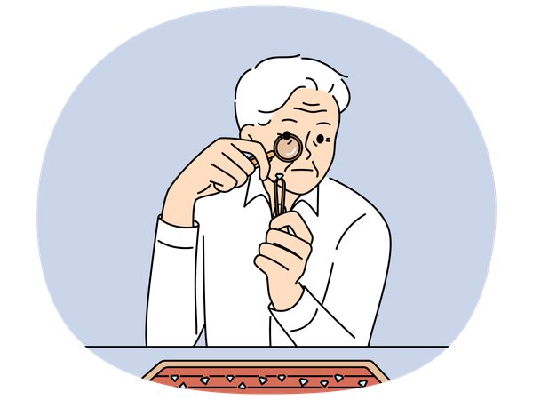 Älterer Mann Juwelier untersucht Diamanten durch Lupe Überprüfung Edelsteine auf Echtheit  Illustration