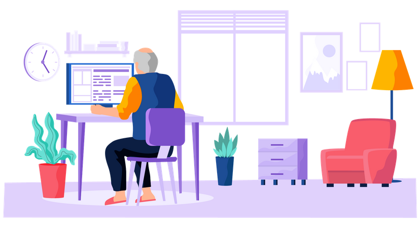 Älterer Mann arbeitet am Computer  Illustration