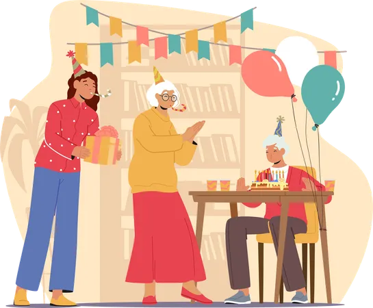 Älterer Mann feiert freudig seinen Geburtstag mit seiner Frau und seiner Tochter  Illustration