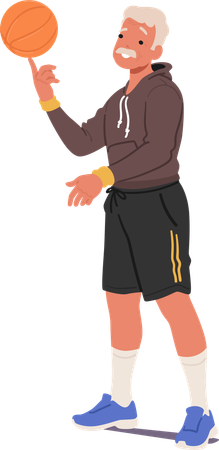 Älterer Mann in Sportuniform und Shorts dreht mühelos Basketballball auf seinem Zeigefinger  Illustration