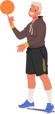 Älterer Mann in Sportuniform und Shorts dreht mühelos Basketballball auf seinem Zeigefinger  Illustration