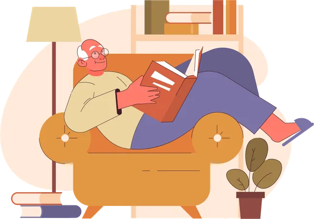 Älterer Mann liest Buch, während er auf der Couch sitzt  Illustration