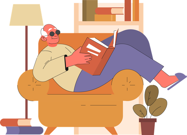 Älterer Mann liest Buch, während er auf der Couch sitzt  Illustration