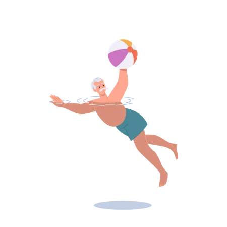 Älterer Mann schwimmt mit aufblasbarem Ball im Pool und macht Aquafit-Übungen  Illustration