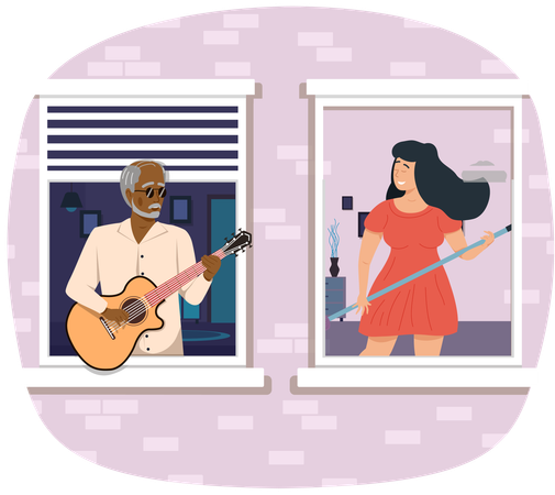 Älterer Mann singt mit Frau im Duett. Leute auf dem Balkon spielen Gitarre  Illustration