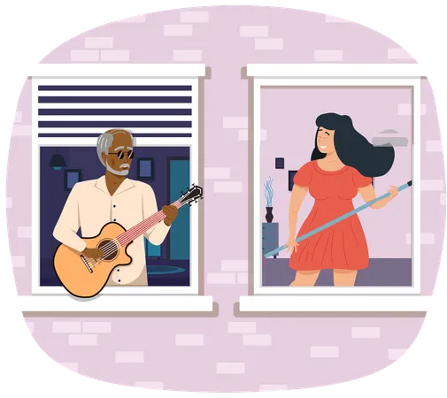 Älterer Mann singt mit Frau im Duett. Leute auf dem Balkon spielen Gitarre  Illustration