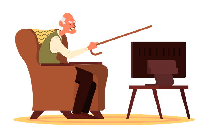 Älterer Mann sitzt im Sessel und sieht fern  Illustration