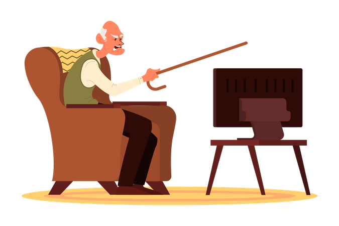 Älterer Mann sitzt im Sessel und sieht fern  Illustration