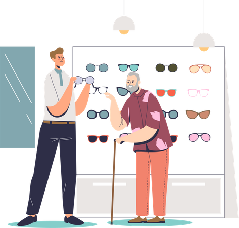 Älterer Mann wählt Brille im Optikergeschäft  Illustration