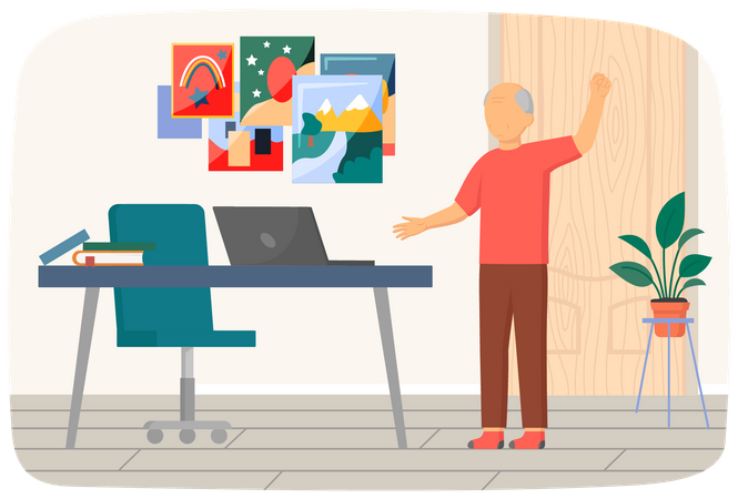 Älterer Mann trainiert, während er an einem Online-Sportkurs teilnimmt  Illustration