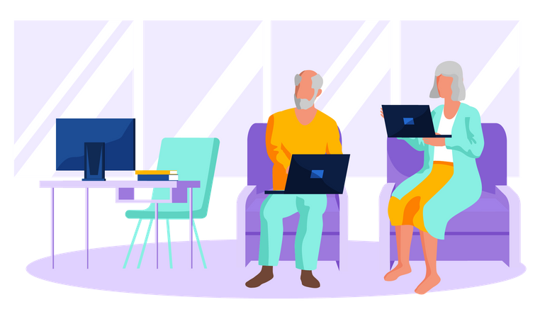 Älterer Mann und Frau arbeiten am Laptop  Illustration