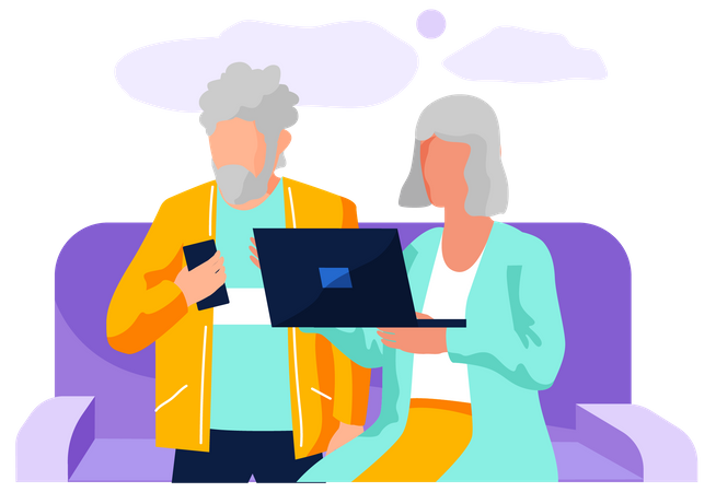 Älterer Mann und Frau arbeiten gemeinsam zu Hause mit Laptop  Illustration