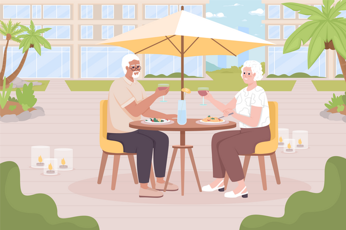 Älterer Mann und Frau essen im Resort-Café zu Abend  Illustration