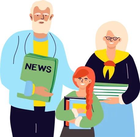 Älterer Mann und Frau mit einer Enkelin halten Wertstoffe, Papiere, alte Bücher, Zeitungen  Illustration