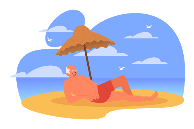 Älterer Mann verbringt Zeit am Strand  Illustration