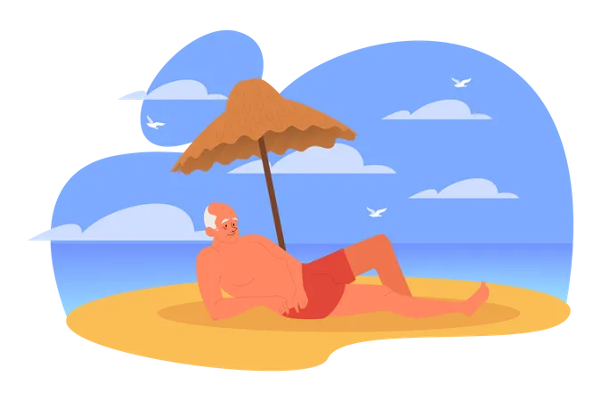 Älterer Mann verbringt Zeit am Strand  Illustration