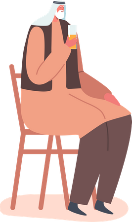 Senior Saudi Mann trinken Getränke sitzen auf Stuhl  Illustration