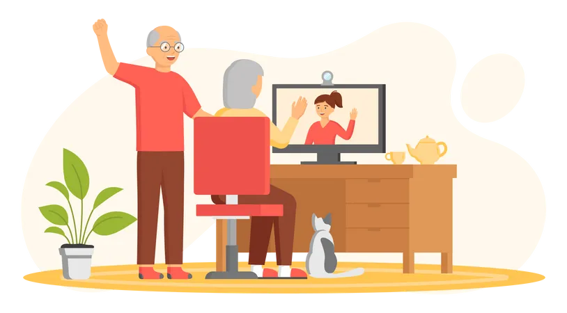Älteres Ehepaar unterhält sich per Videoanruf mit Tochter  Illustration
