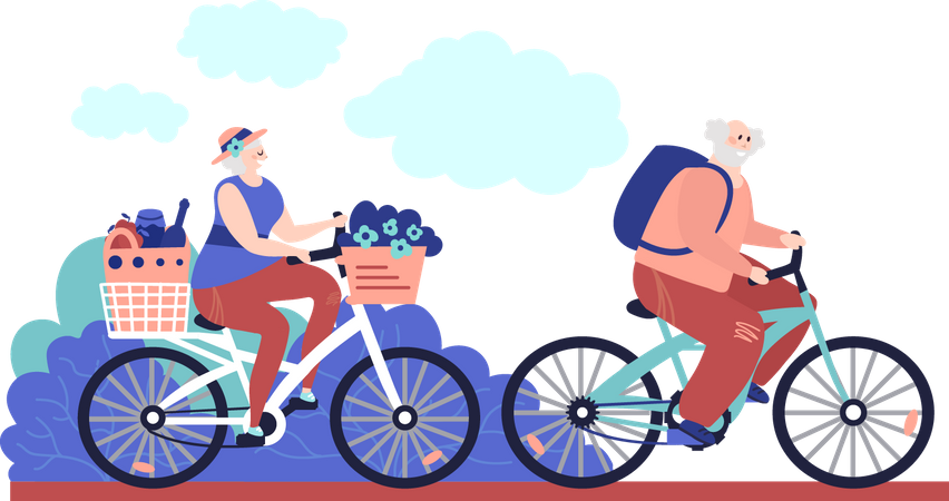 Älteres Paar fährt Fahrrad im Park  Illustration