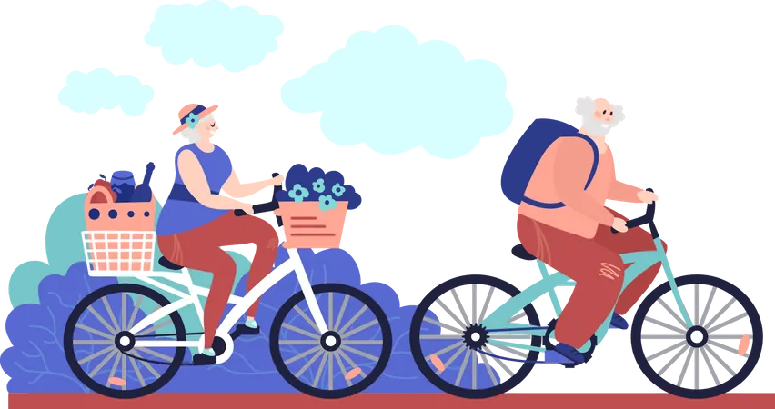Älteres Paar fährt Fahrrad im Park  Illustration